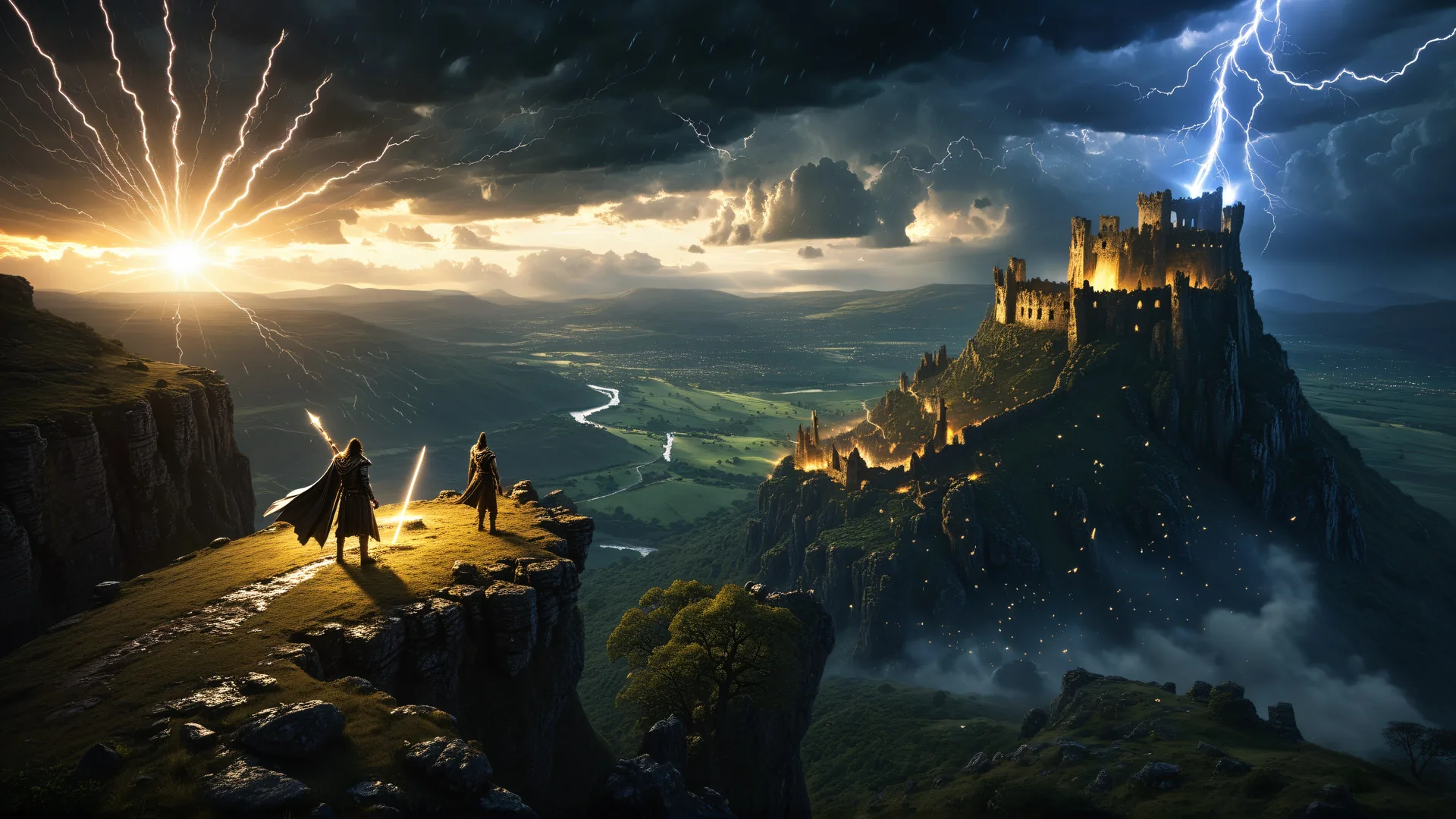 Dos figuras en acantilado frente a castillo bajo tormenta