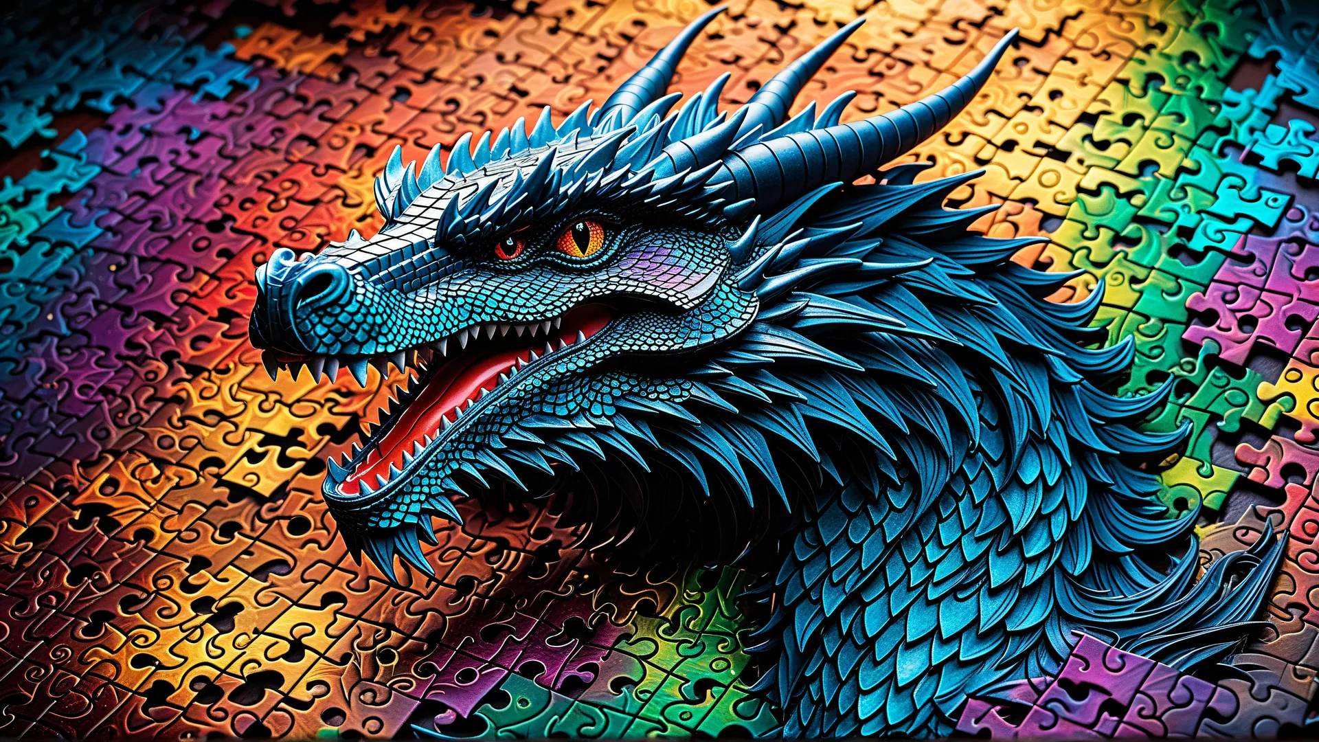 Dragón azul con piel escamosa sobre puzle multicolor