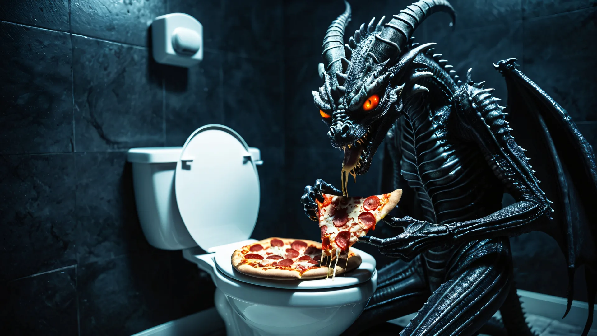 Dragón negro comiendo pizza en inodoro