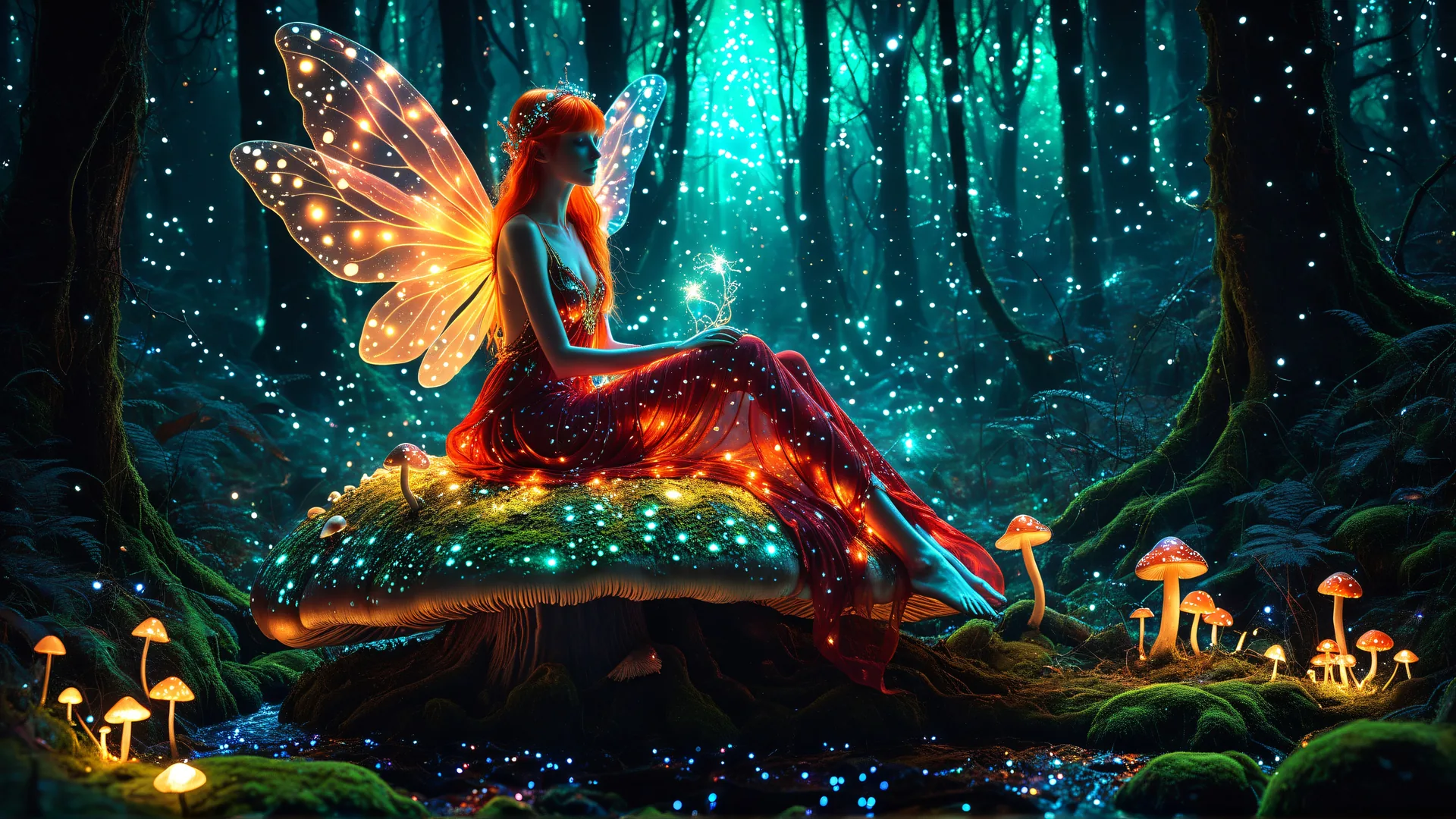 Fada con alas brillantes sentada sobre hongo en bosque oscuro