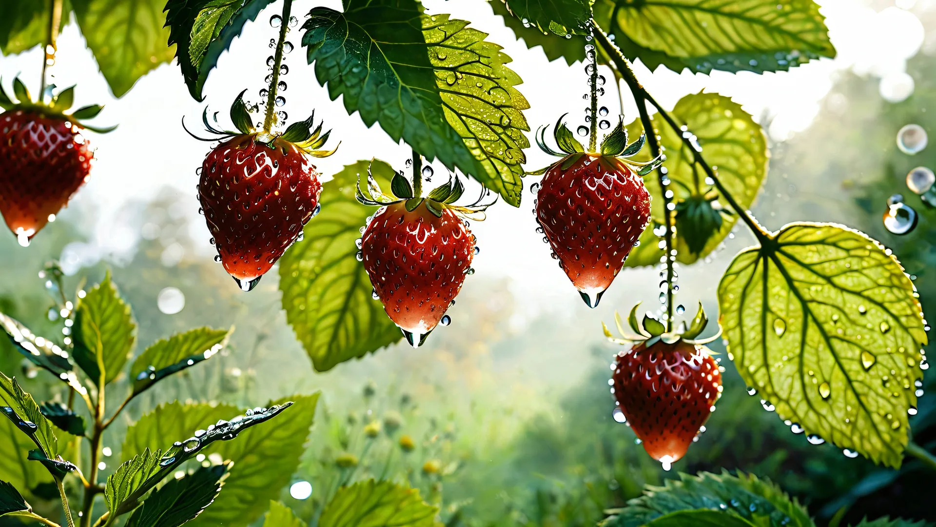 Fresas rojas colgando de planta en jardín con hojas verdes