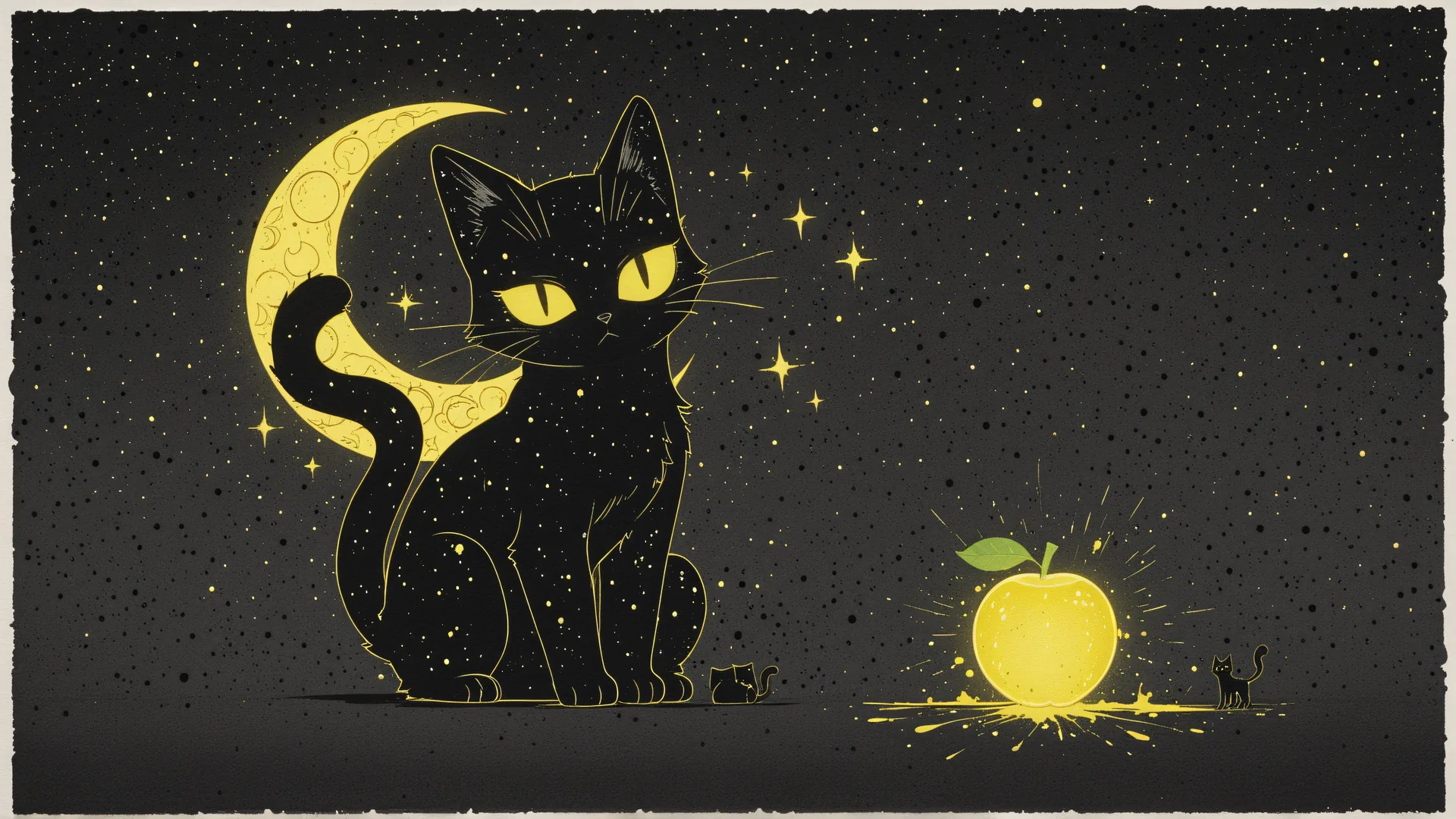 Gato negro sentado junto a luna creciente y manzana brillante