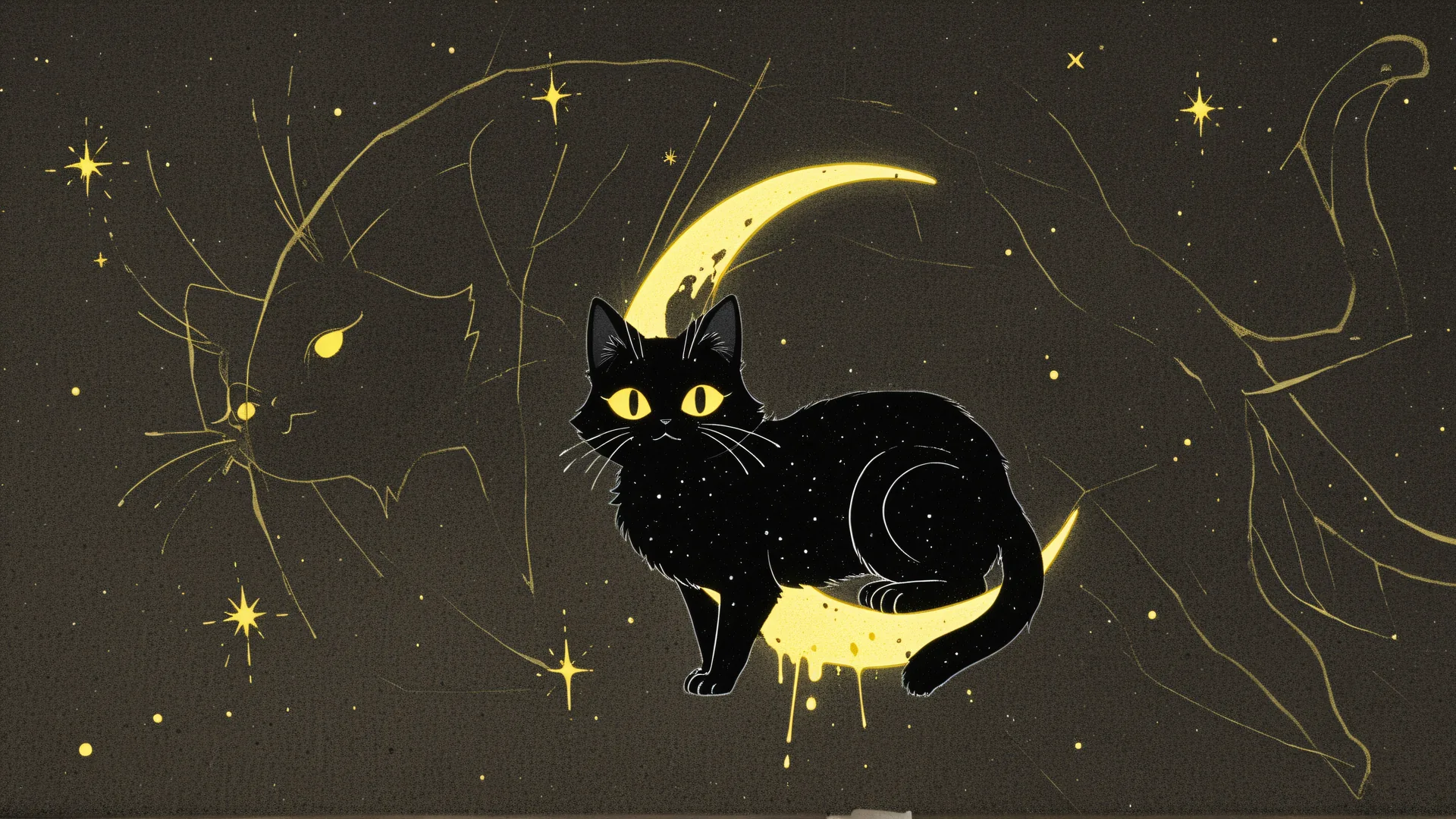 Gato negro con ojos amarillos sobre luna creciente y estrellas