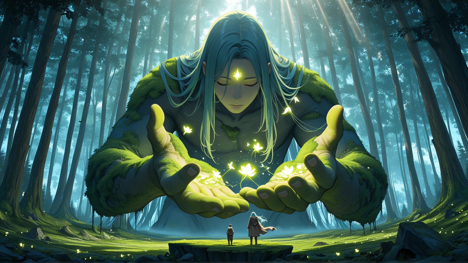 Figura gigante cubierta de musgo en bosque con luces flotantes