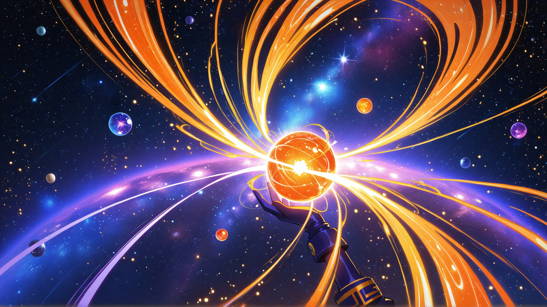 Mano sosteniendo esfera brillante entre estrellas y galaxias