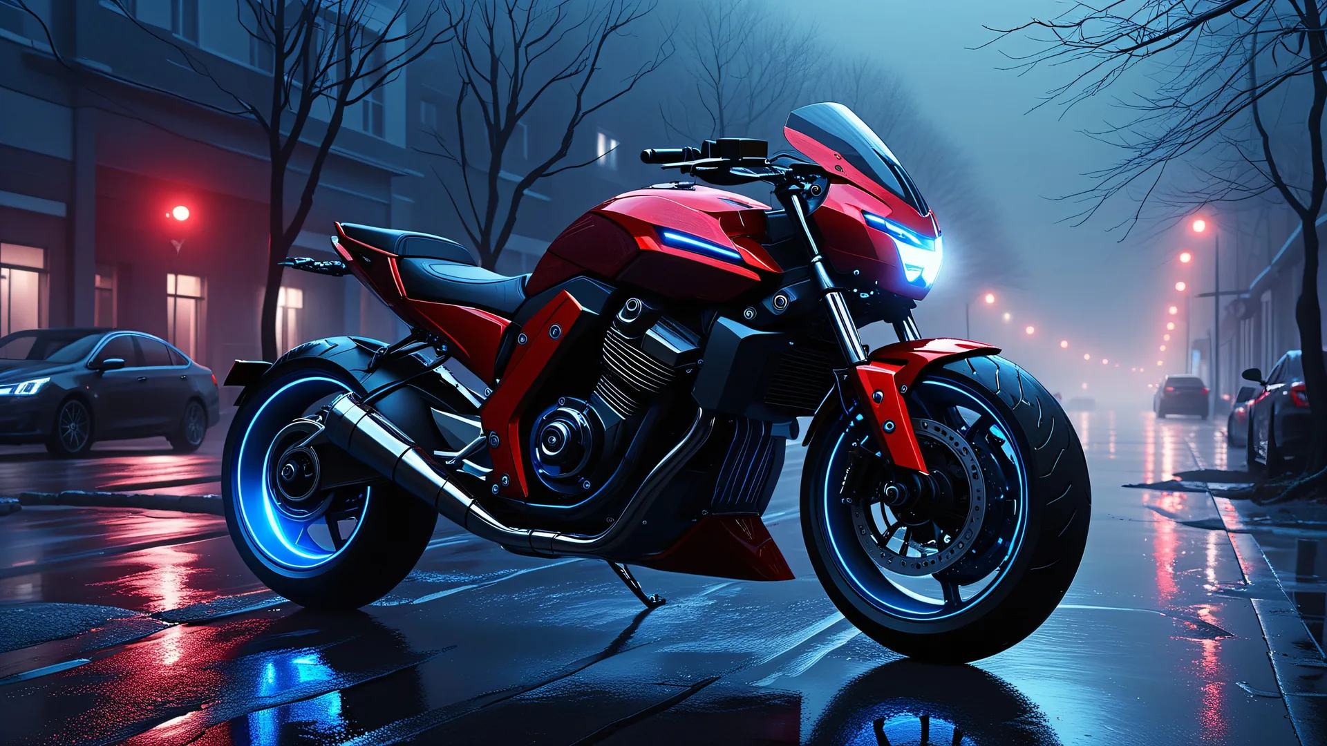 Motocicleta roja con luces azules en calle urbana mojada