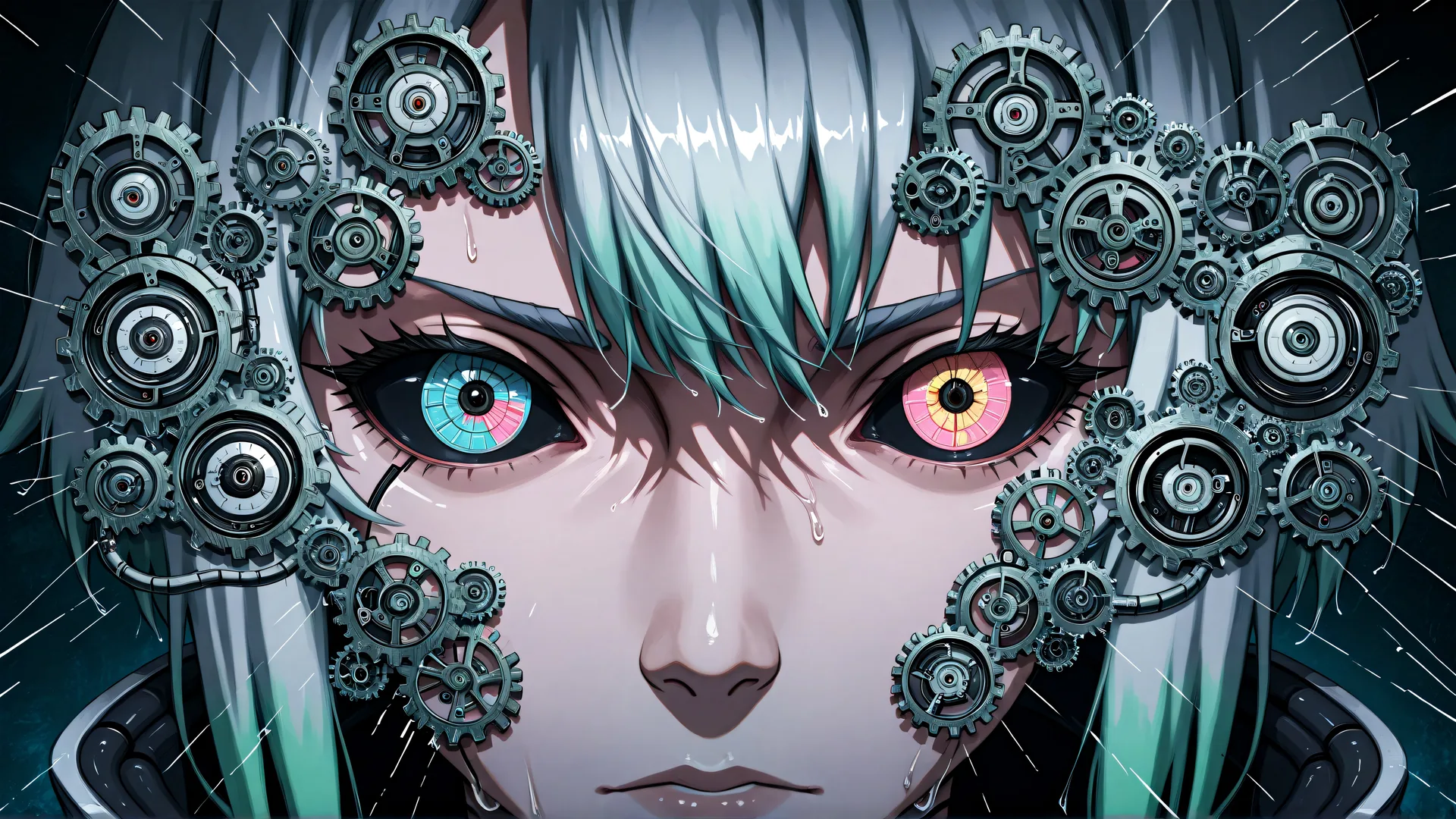 Personaje anime con engranajes en cara y ojos coloridos