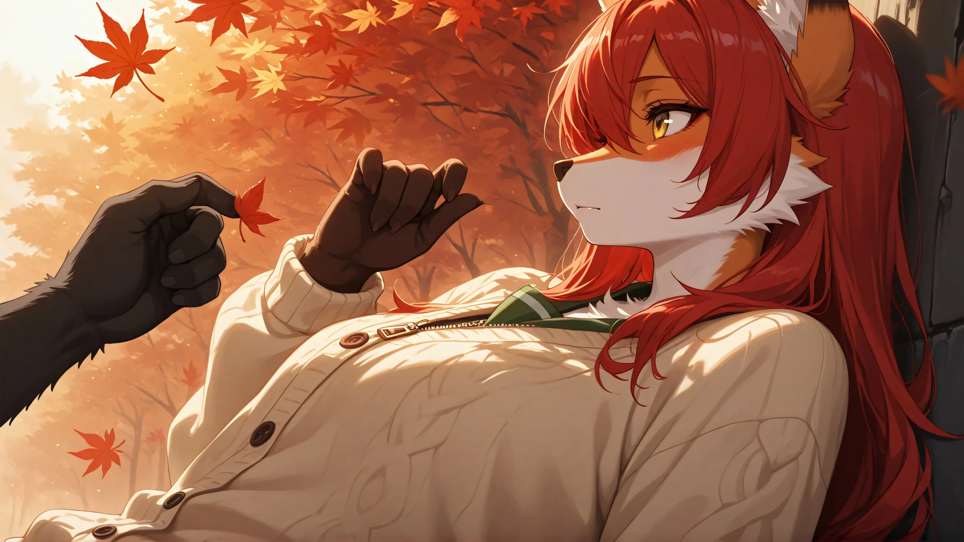 Niña con cabello rojo bajo árboles de otoño