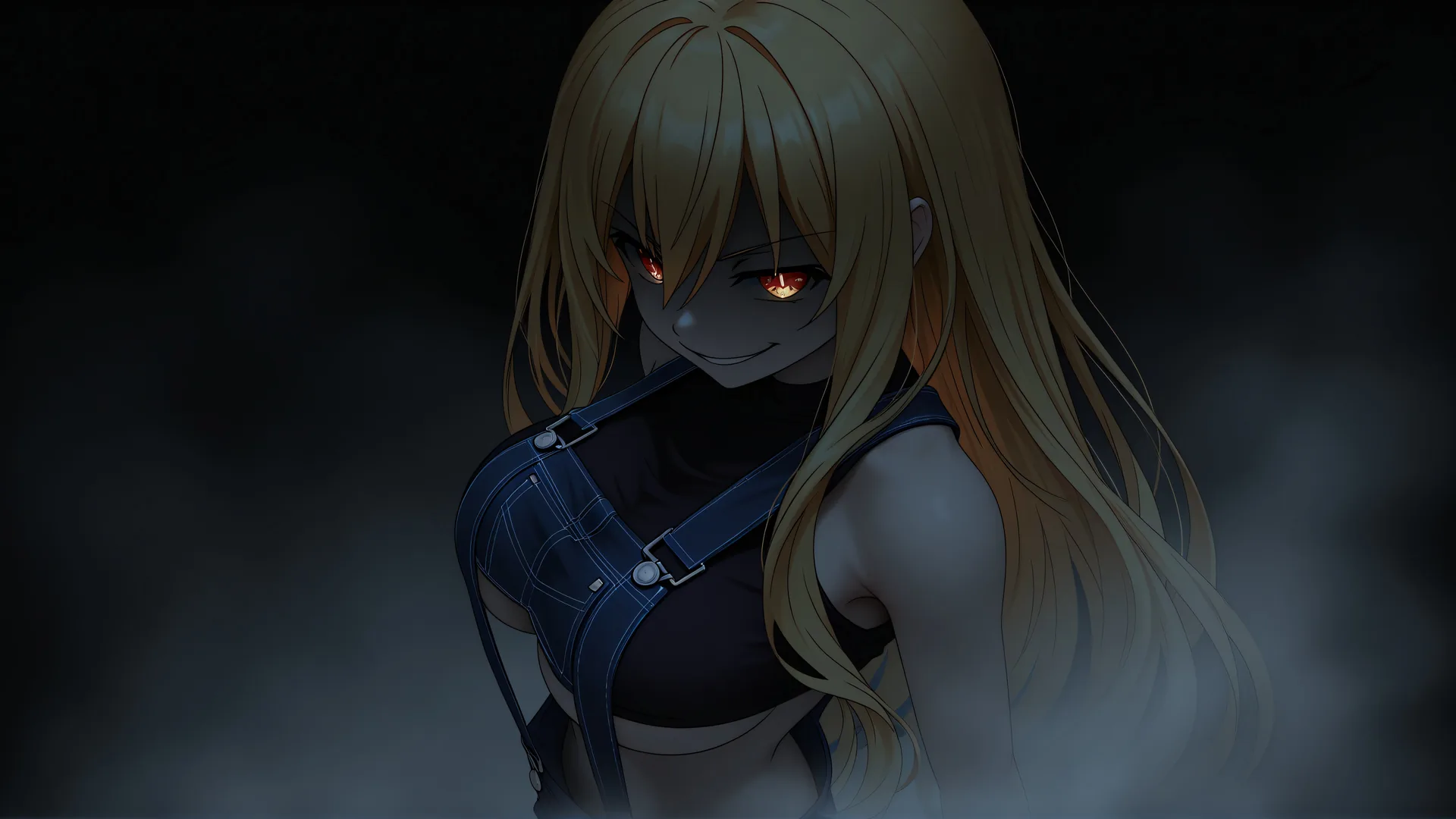 Chica con ojos rojos en escena oscura