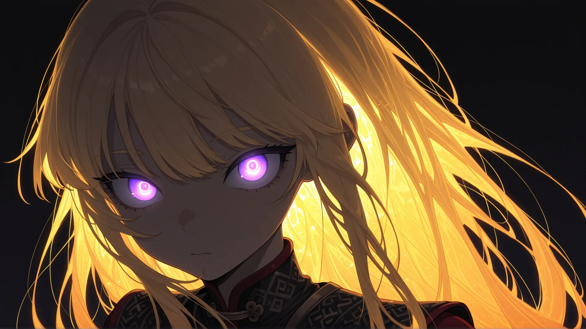 Chica anime con cabello dorado y ojos violetas brillantes