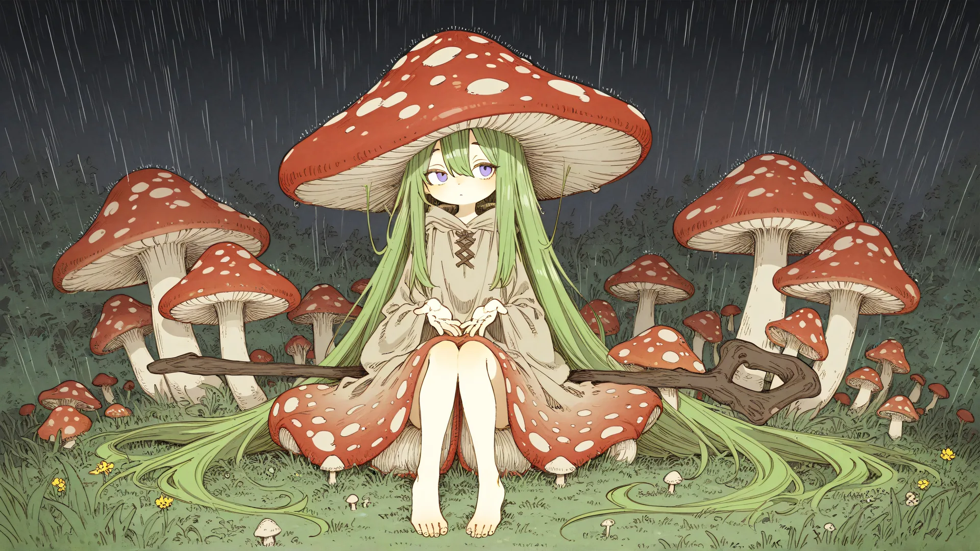 Niña con cabello verde sentada entre setas en lluvia nocturna