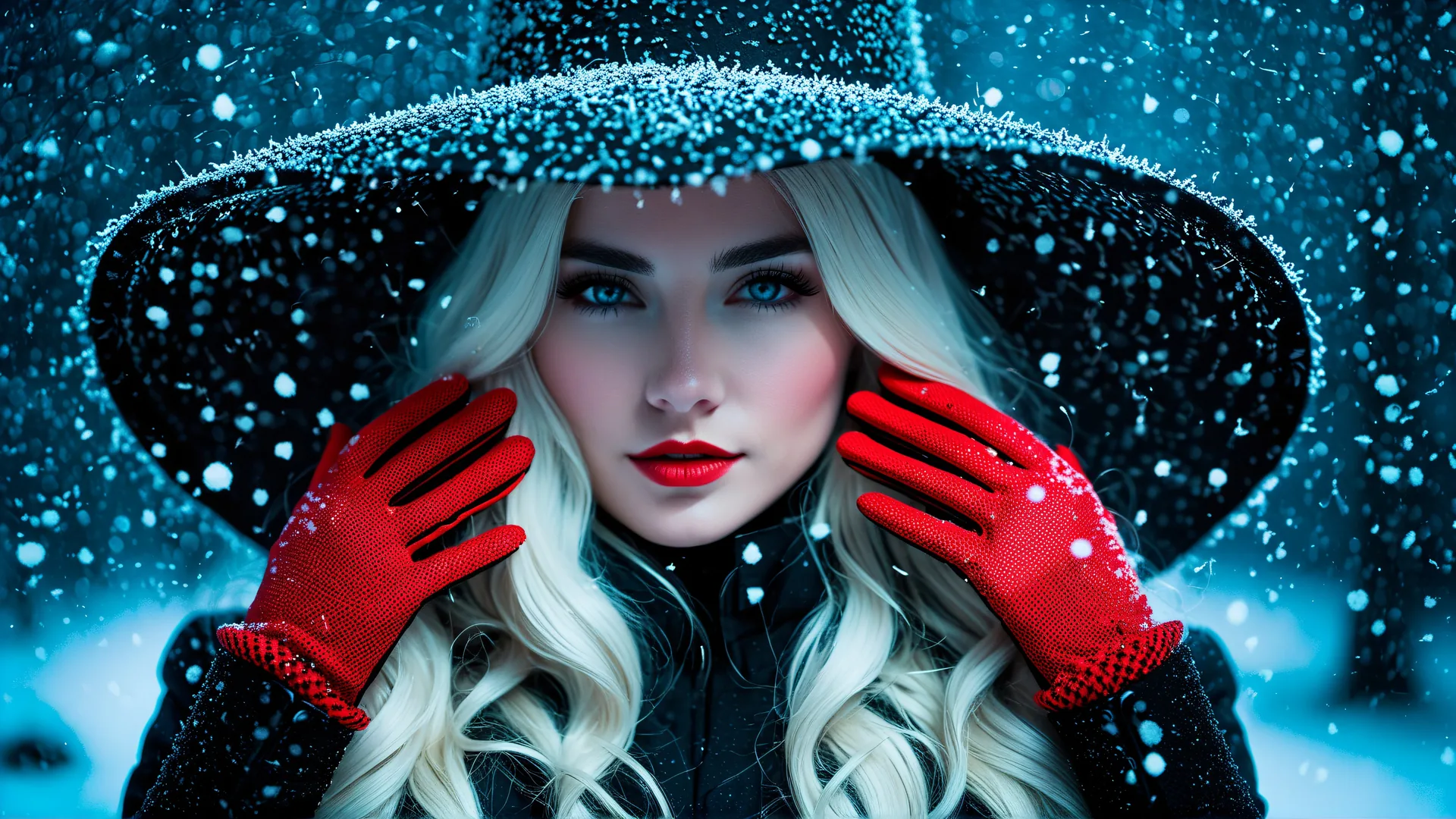 Chica con sombrero negro y guantes rojos en nieve