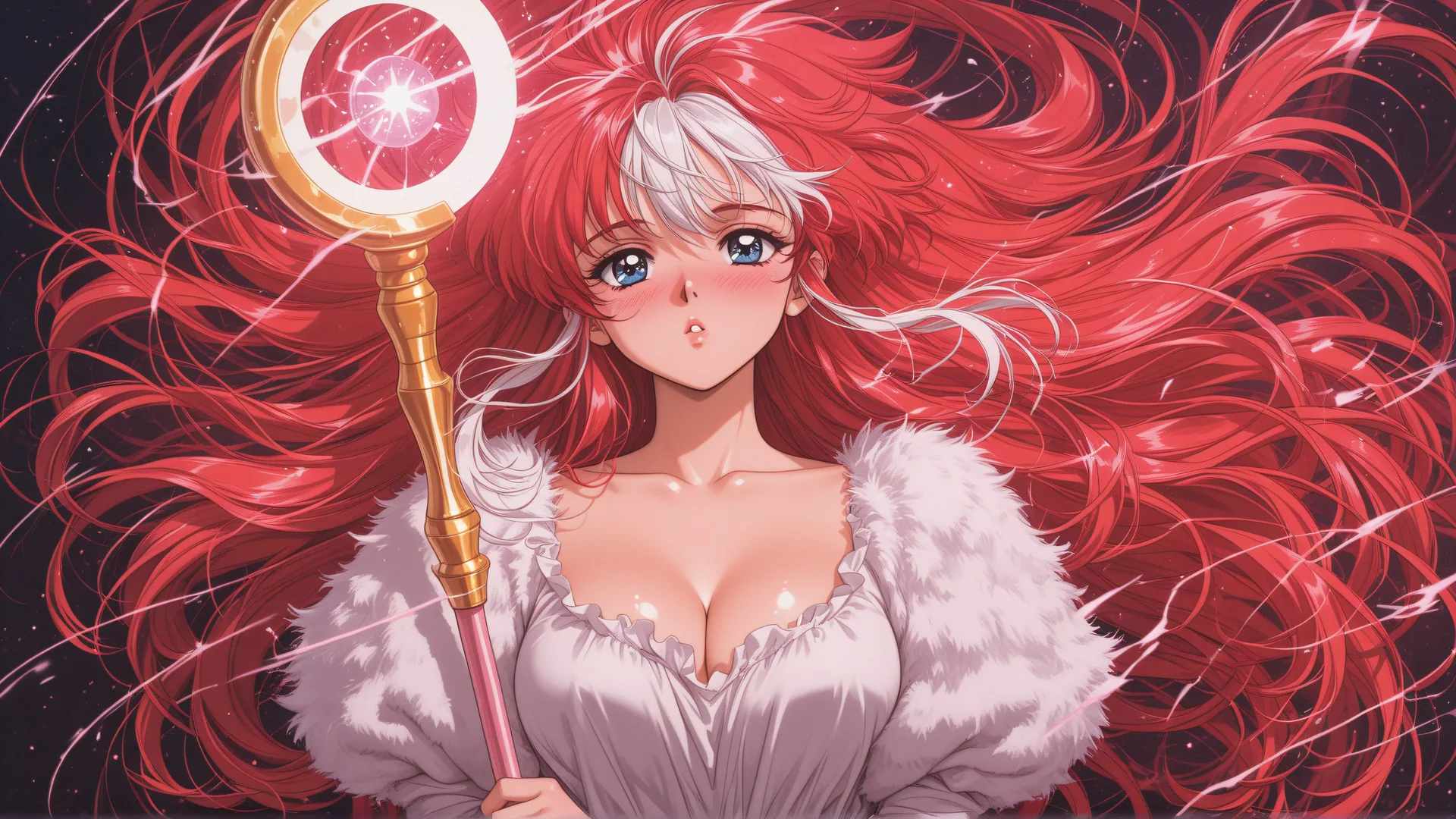 Niña anime sosteniendo varita luminosa frente fondo estrellado