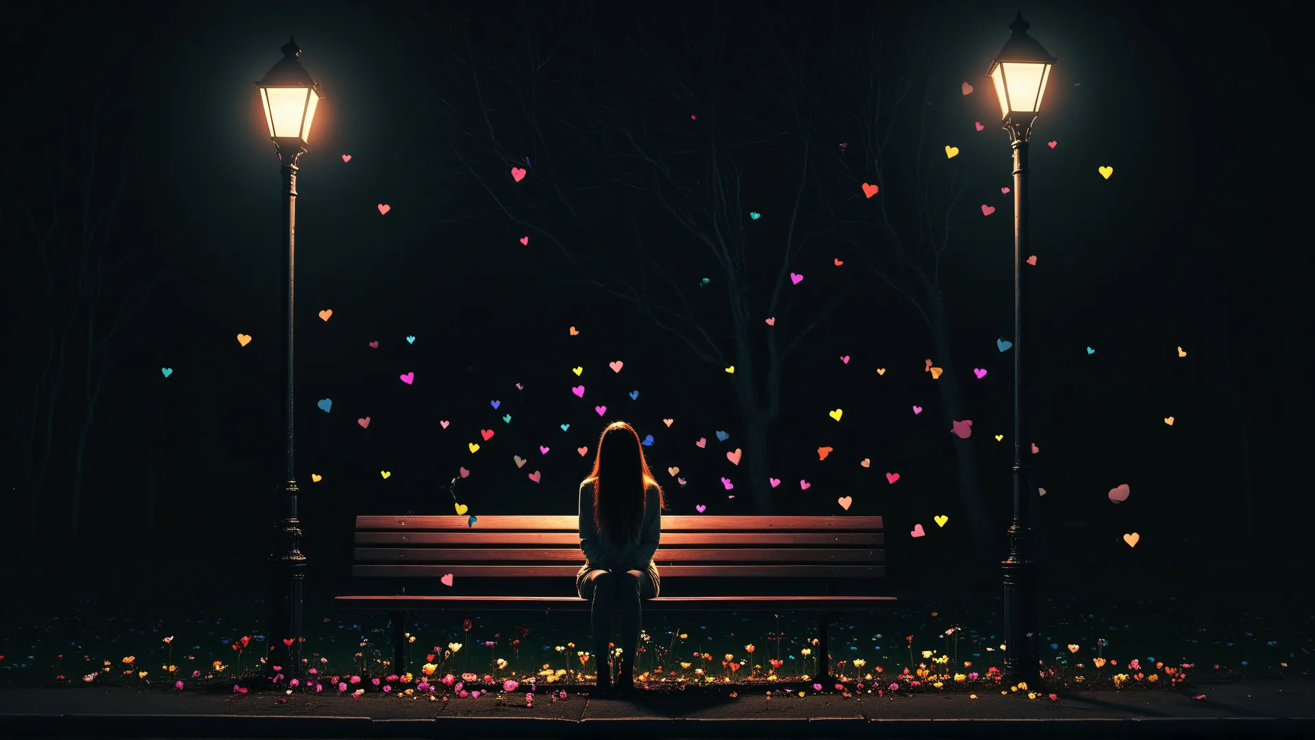 Chica sentada en banco bajo farolas nocturnas con corazones flotantes