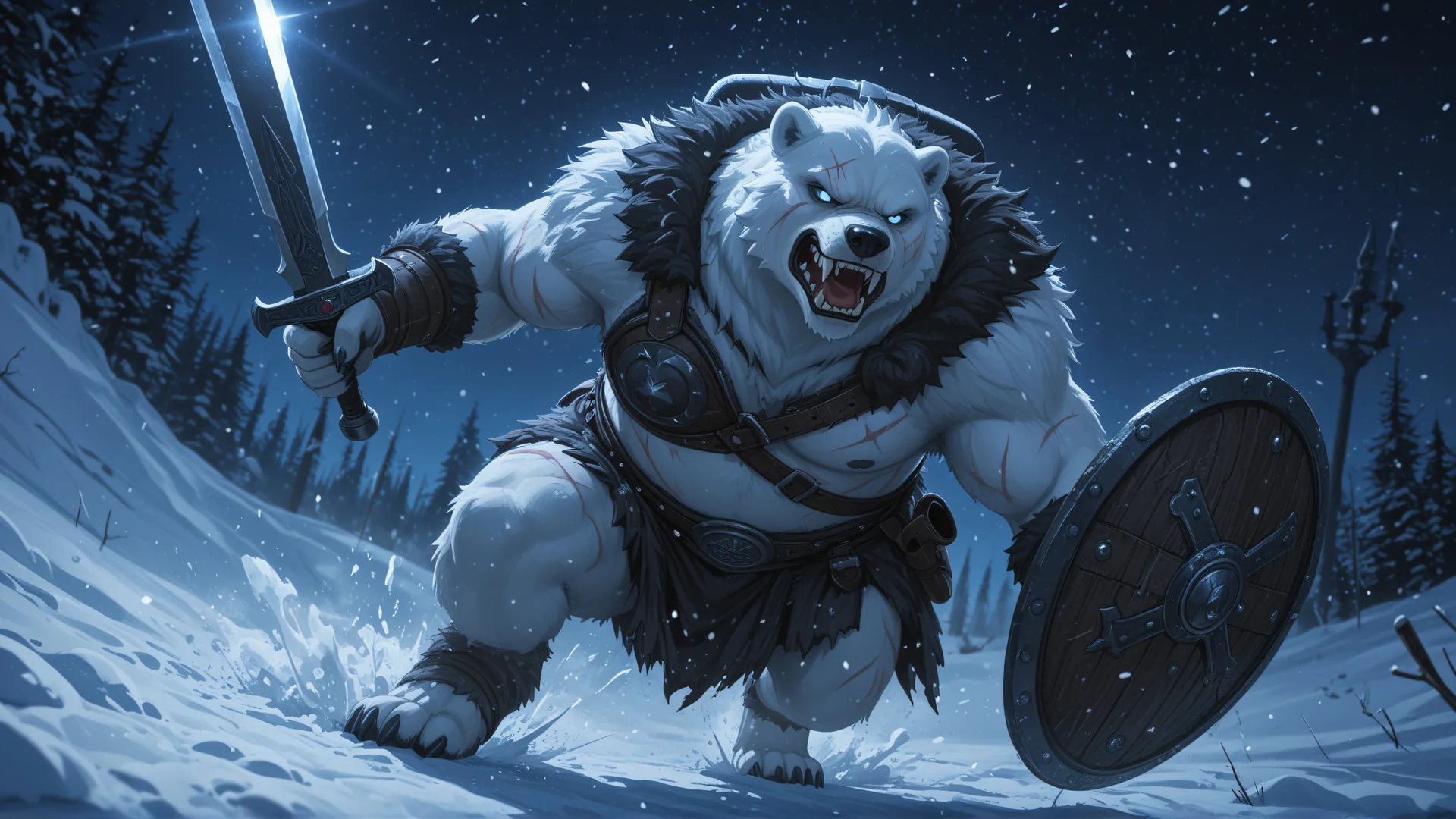 Oso blanco armado en bosque nevado bajo luna