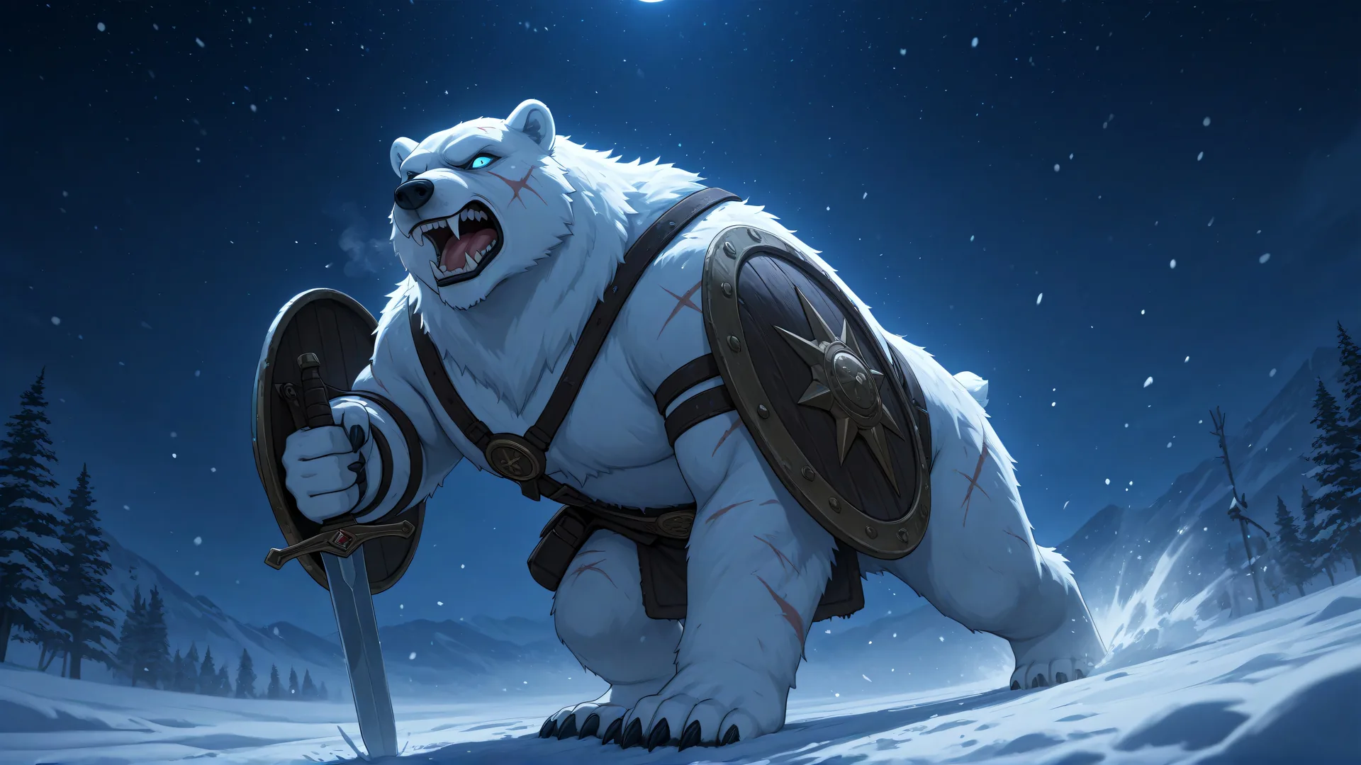Oso blanco con armadura y espada sobre nieve