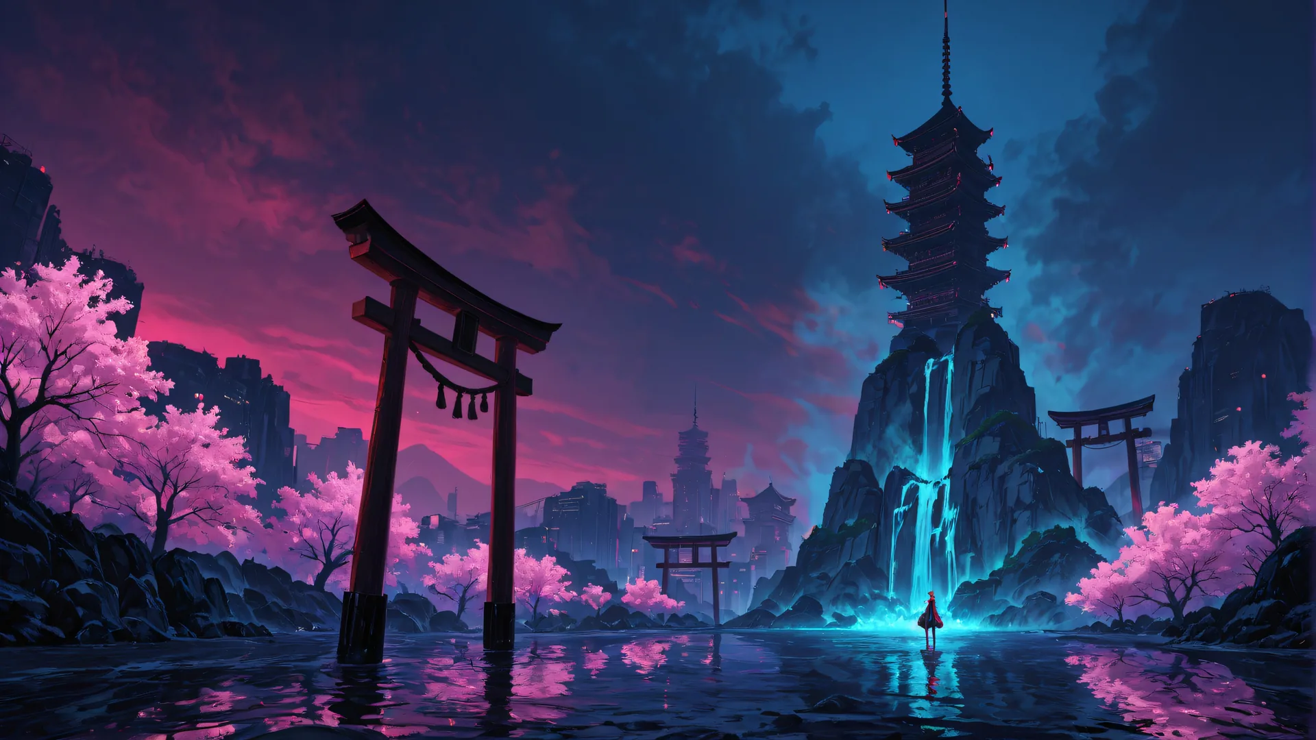 Paisaje con torii, pagoda y cascada bajo cielo colorido