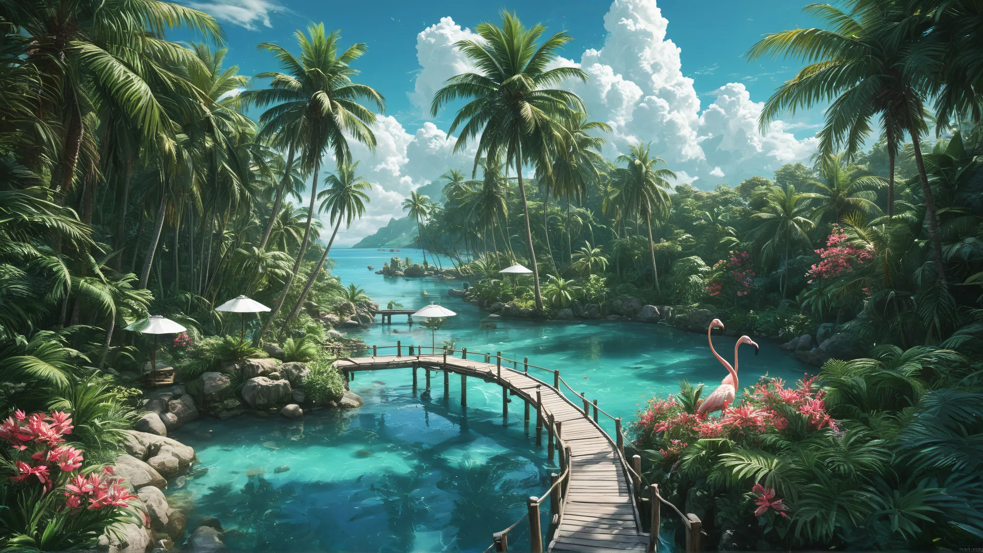 Selva tropical con sendero de madera y flamingos en flores