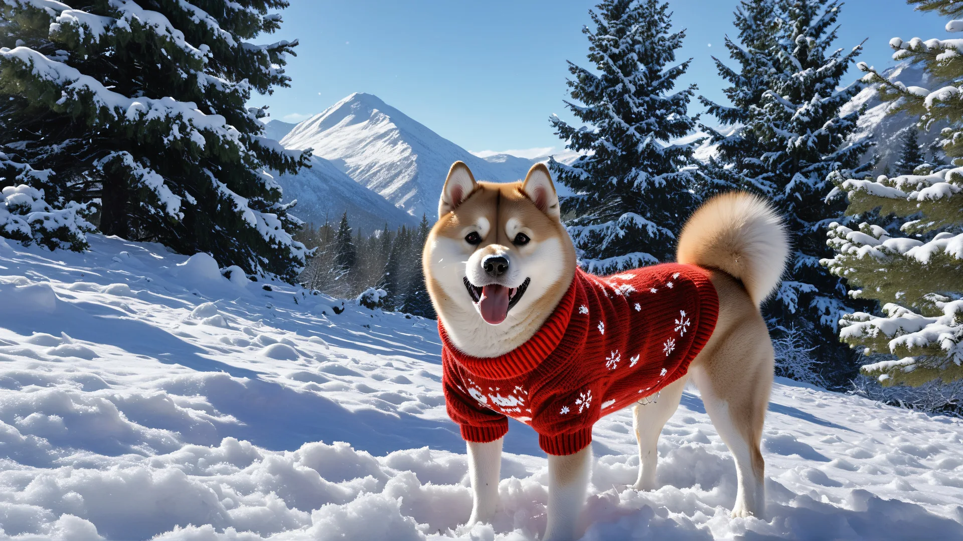 Perro Akita en bosque nevado con suéter rojo