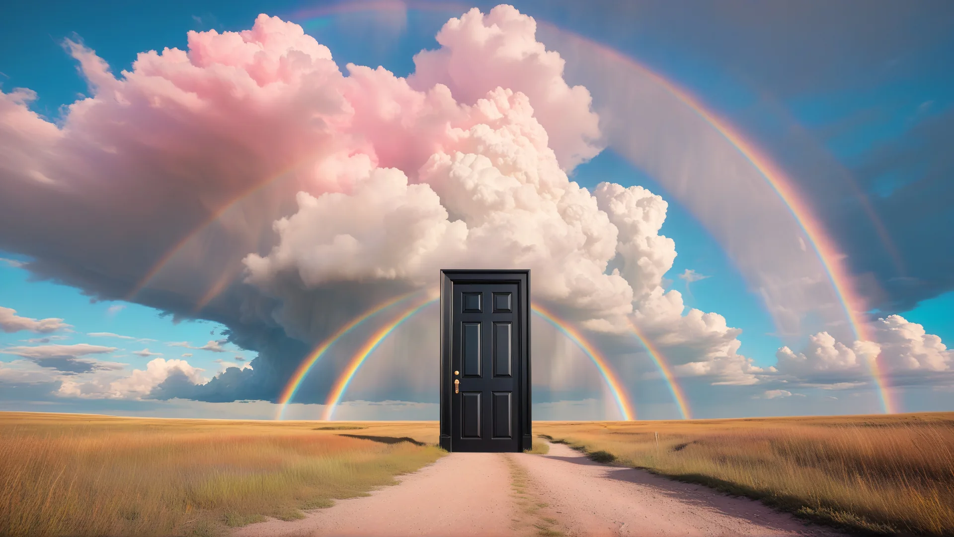 Puerta en campo abierto con arcoíris y nubes