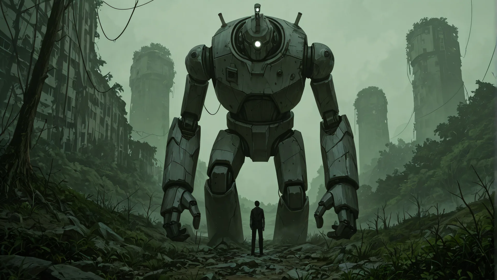 Robots gigantes en entorno urbano abandonado