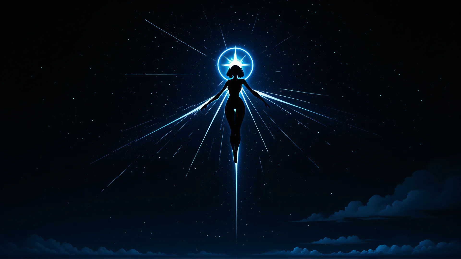 Silueta de persona con luz azul en cielo estrellado nocturno