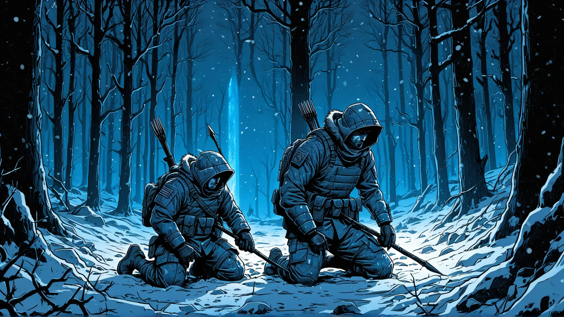 Dos soldados en posición de espera bajo árboles nevados