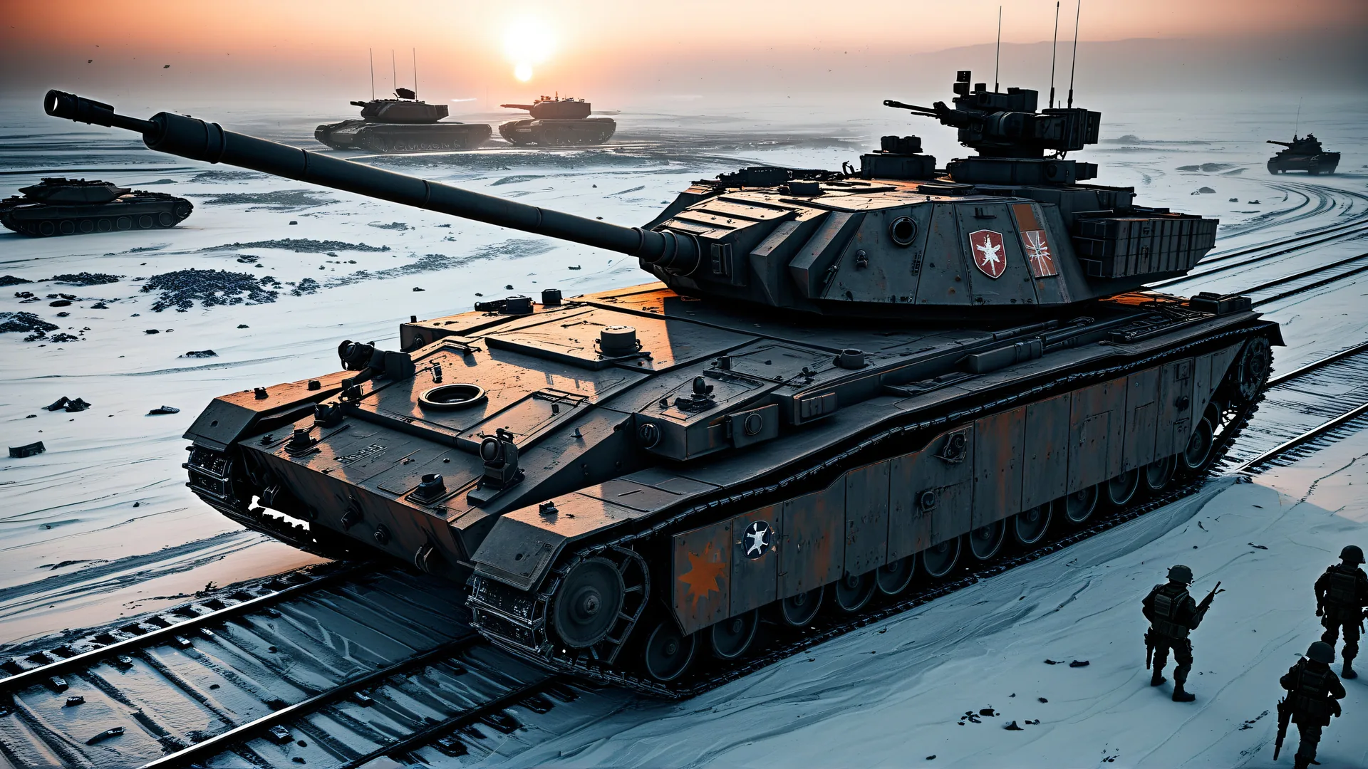 Tanques militares en campo nevado con soldados a pie