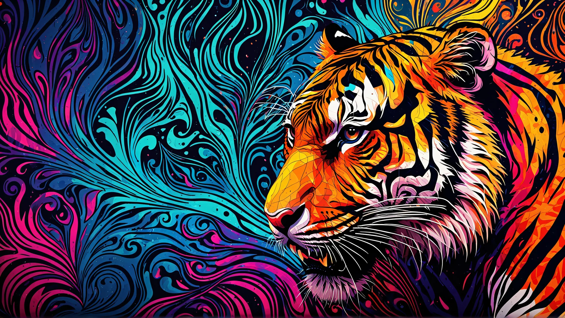 Tigre estilizado en colores vivos sobre fondo abstracto