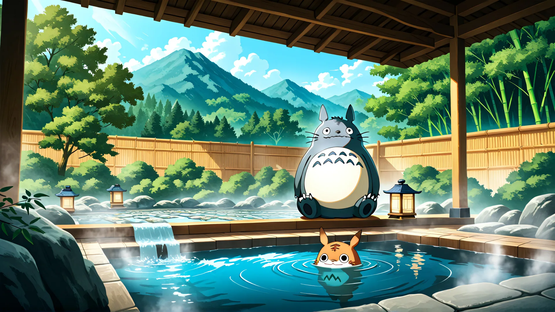 Totoro y un pequeño animal en un baño tradicional japonés