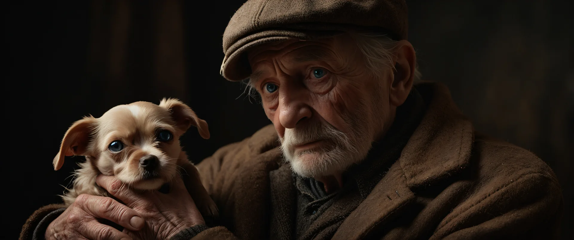 Anciano con cachorrito en entorno oscuro