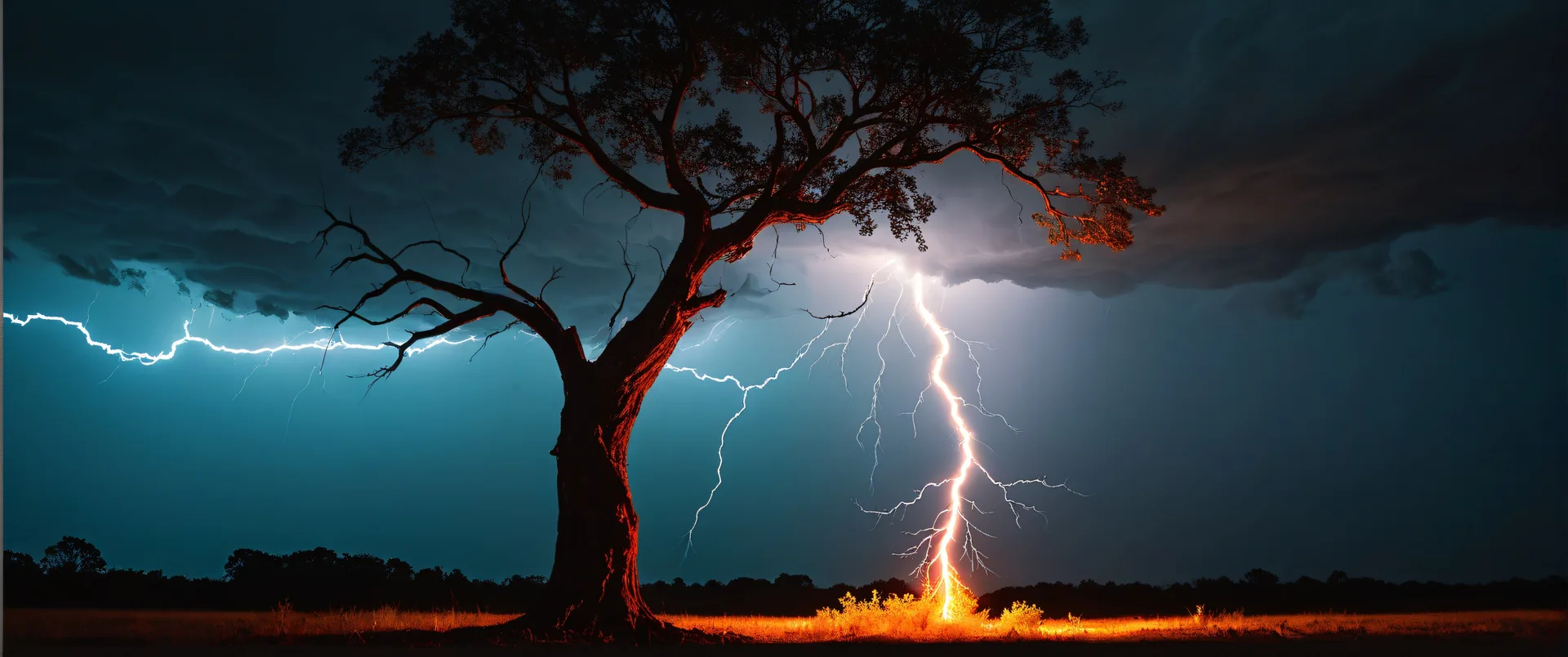 Árbol solitario bajo tormenta con relámpagos iluminando el campo