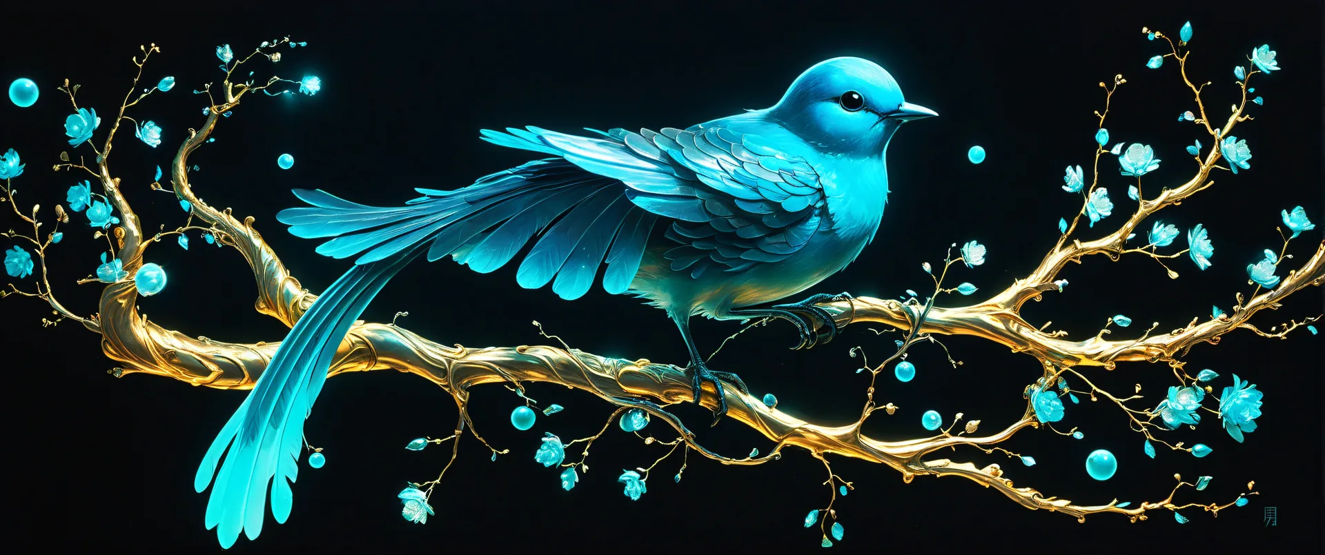Pájaro azul con alas extendidas sobre rama dorada decorada con flores