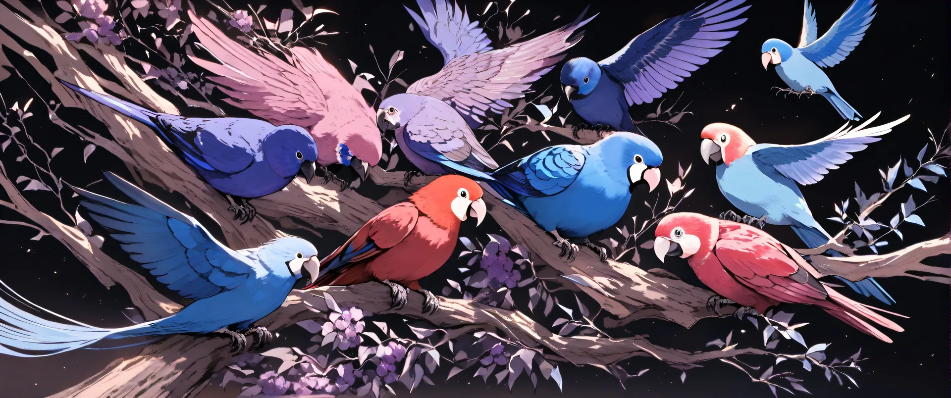 Grupo de pájaros multicolores sobre ramas con flores púrpuras
