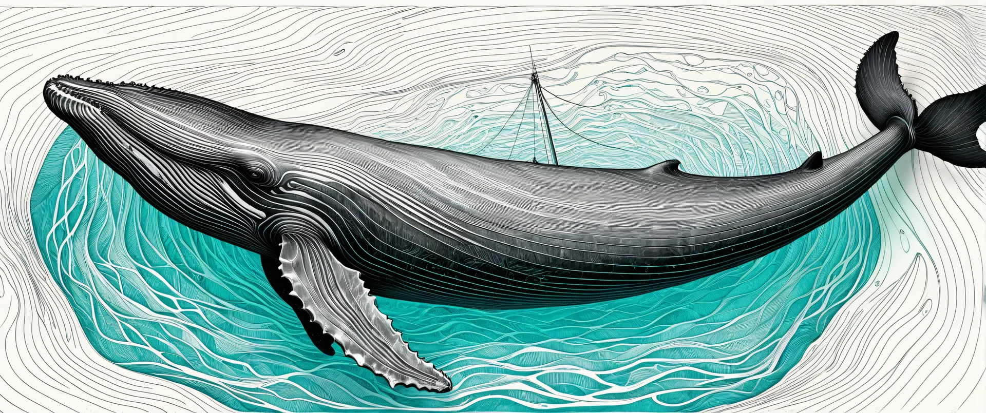 Ballena en mar con líneas de agua estilizadas