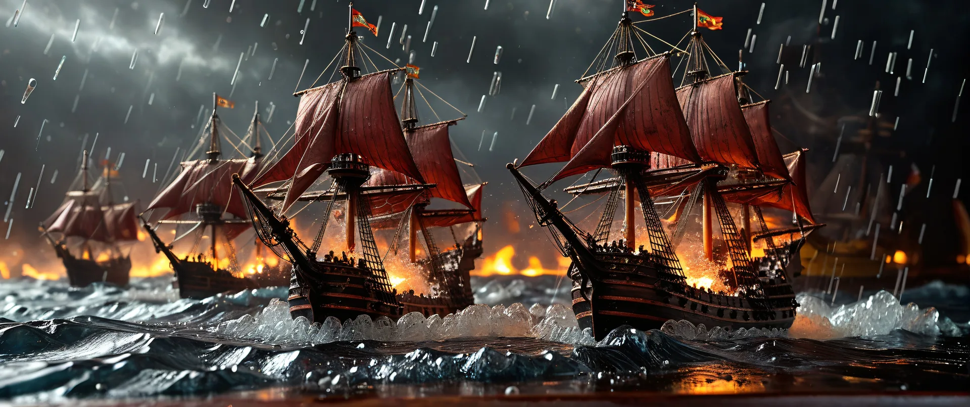 Barcos de guerra con velas rojas en tormenta sobre mar agitado