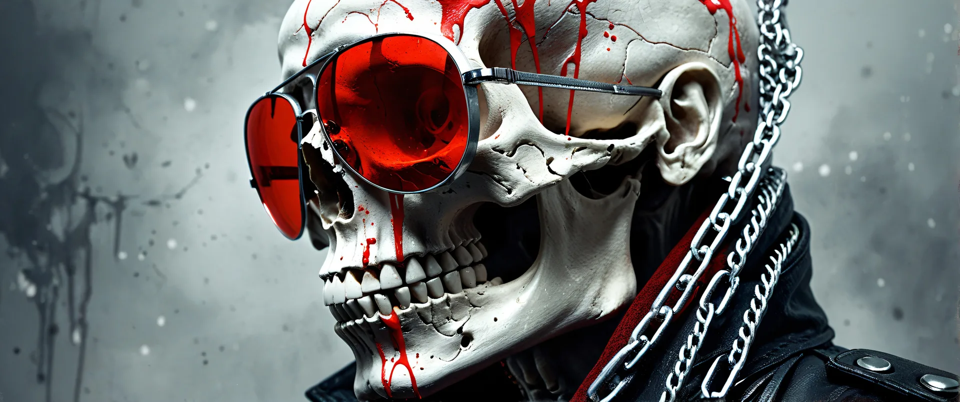 Cráneo con gafas rojas y cadenas metálicas sobre fondo gris texturizado
