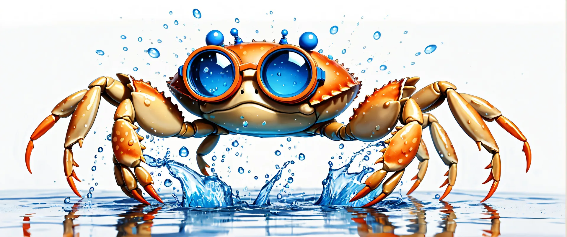 Cangrejo con gafas de natación saliendo del agua