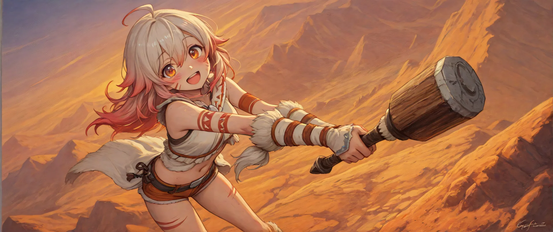Chica anime sosteniendo un martillo en paisaje desértico