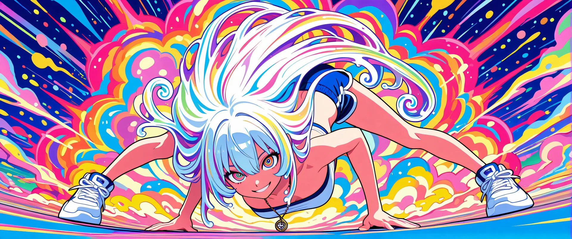 Chica anime con cabello multicolor en pose de acción sobre fondo colorido