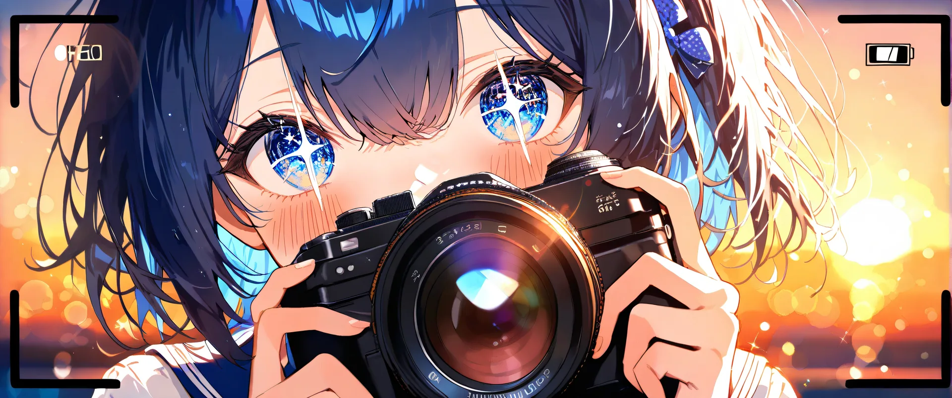 Chica anime sosteniendo cámara frente a puesta de sol con efecto bokeh