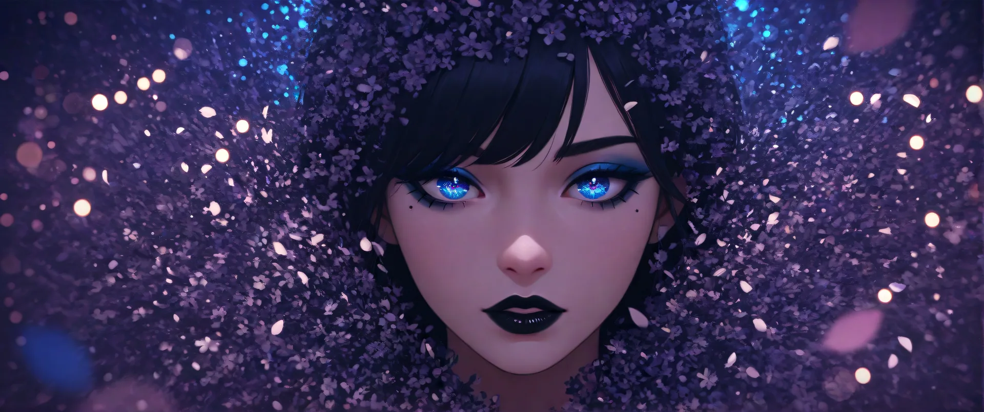 Persona con ojos azules rodeada de pétalos púrpuras en entorno luminoso