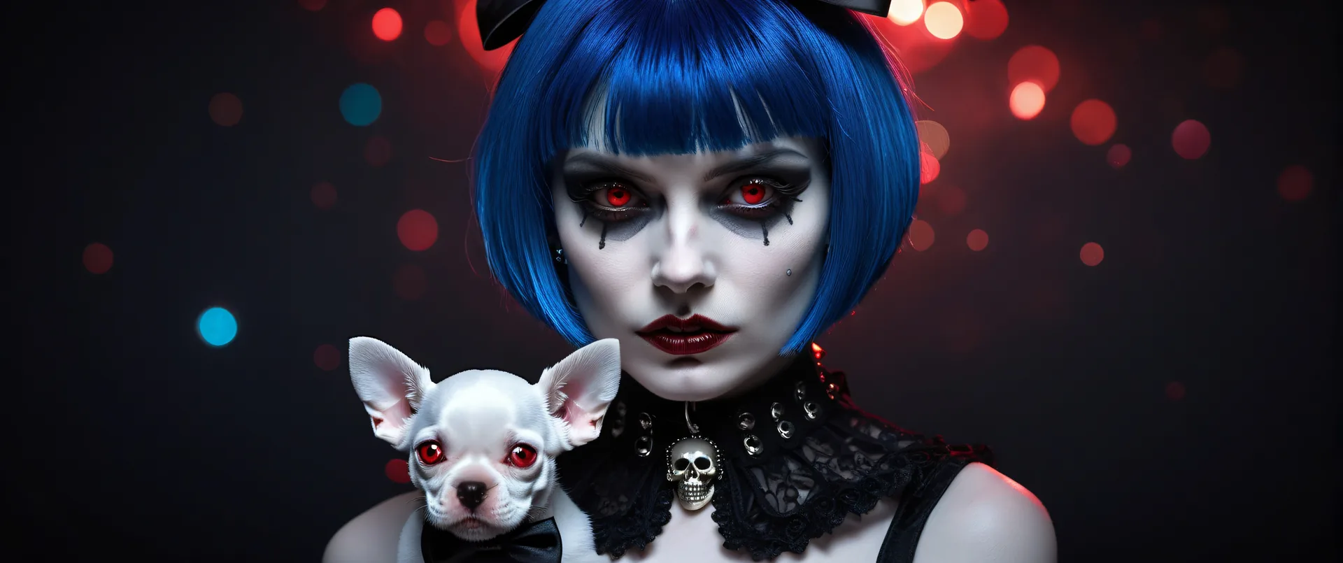 Chica con perro blanco bajo iluminación dramática