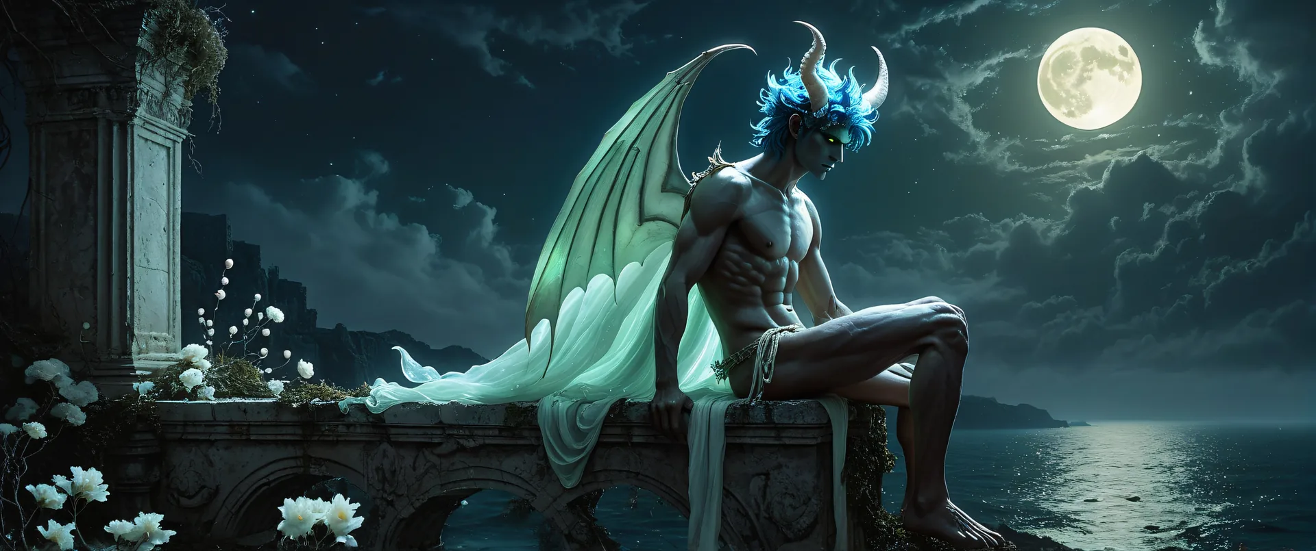 Demonio con alas y cuernos sentado en muro junto al mar bajo luna