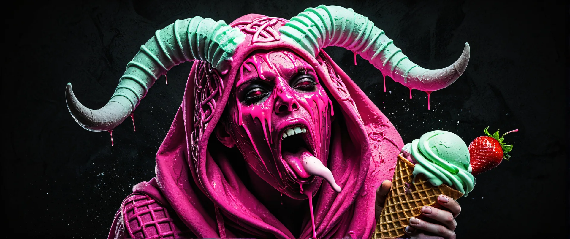 Demonio con capucha rosa sosteniendo helado de fresa