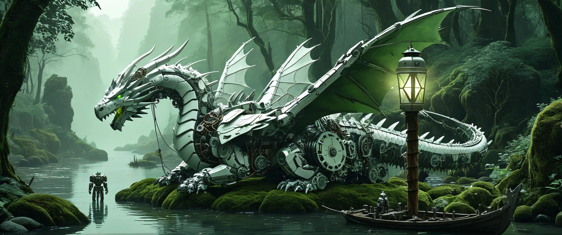 Dragón mecánico sobre roca cubierta de musgo en selva húmeda con farol y barco