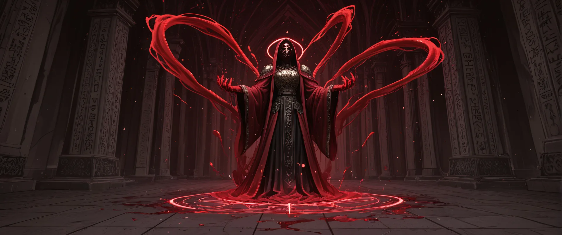 Figura mística con capa roja y símbolos sagrados en catedral gótico