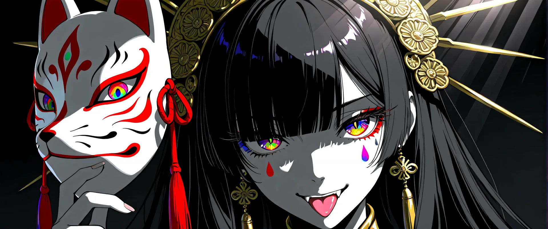 Chica con ojos coloridos junto a máscara de zorro en fondo oscuro