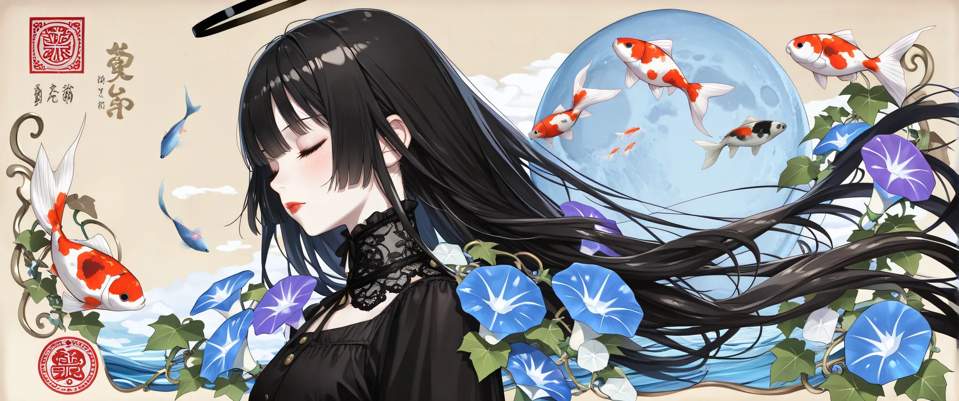 Chica anime con cabello largo rodeada de peces koi y flores azules