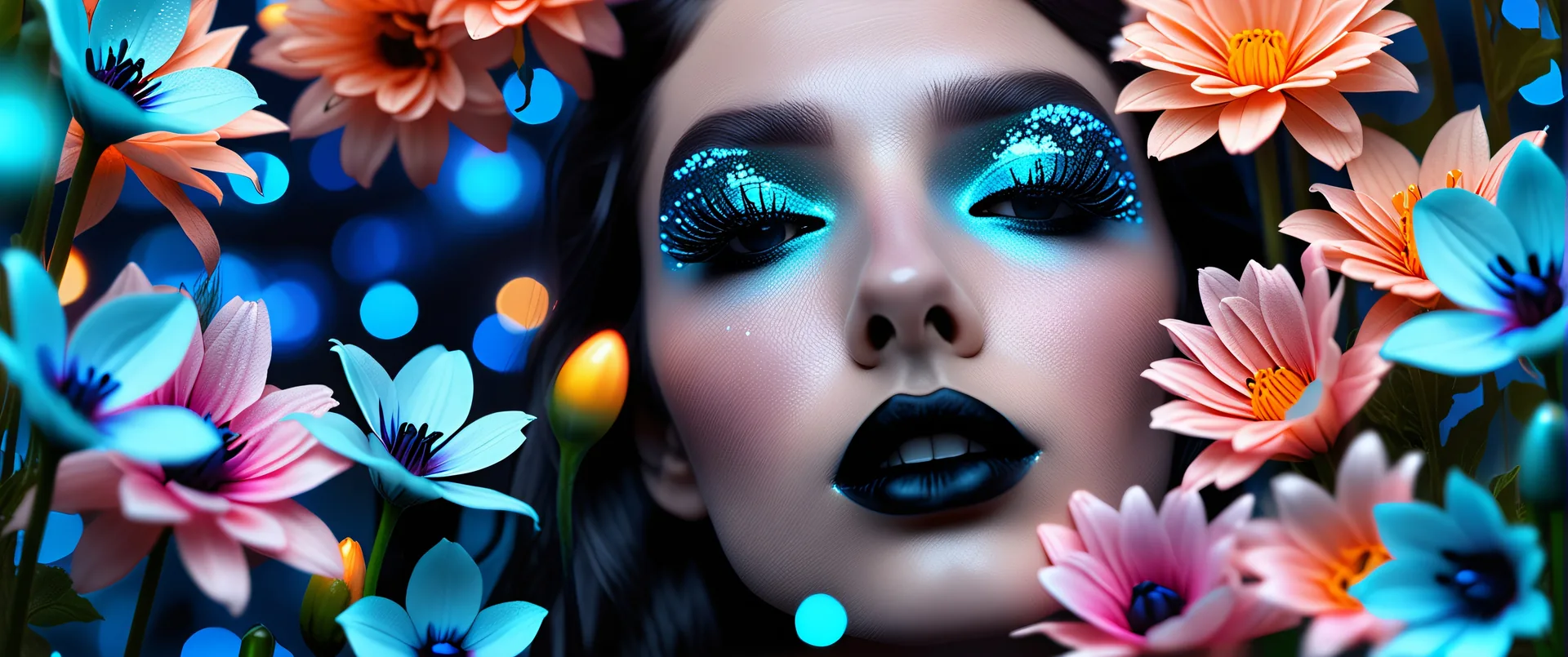 Chica con maquillaje neón entre flores coloridas